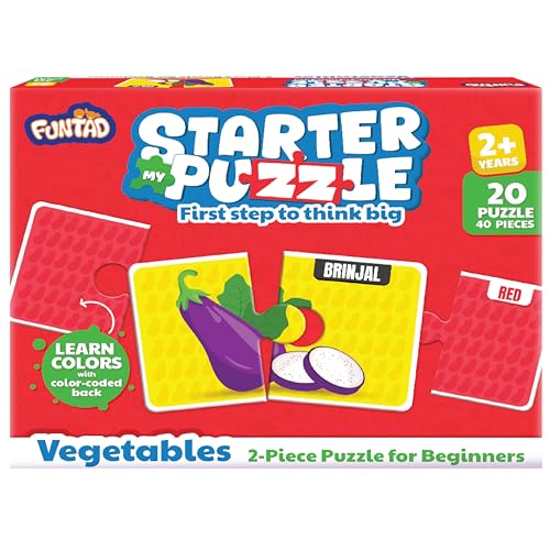 Funtad My Starter Jigsaw Puzzle - Vegetables & Colors| 2-Piece Puzzle for Kids Age 2,3,& 4 yrs| Montessori Educational Toy Set of 20 Puzzle, 40 Big Pieces| Return & Birthday Gift for Boys & Girls - Image 1