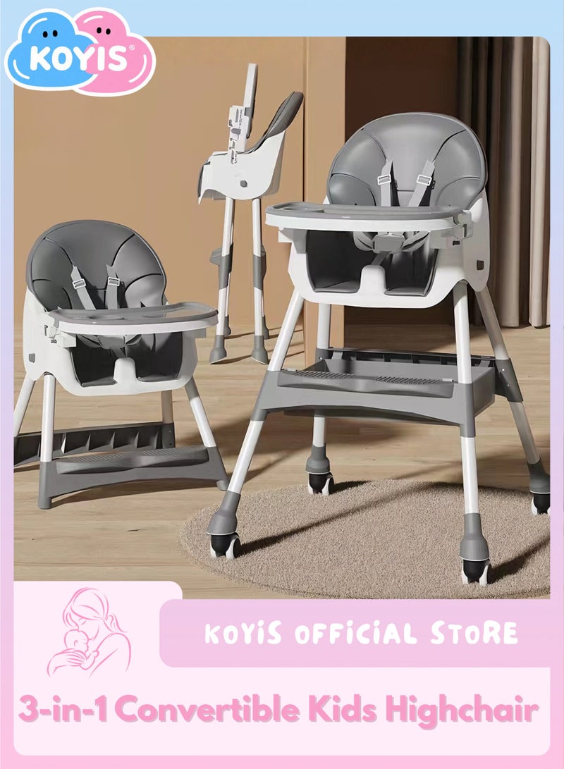 KOYIS 3-in-1 Convertible Kids High Chair – Adjustable Height & Footrest, Foldable Baby Toddler Feeding Booster Seat with Food Tray, Safety Belt, Cushion, Wheels & Storage Tray, From 6 months to 6 years old - Grey - Image 1
