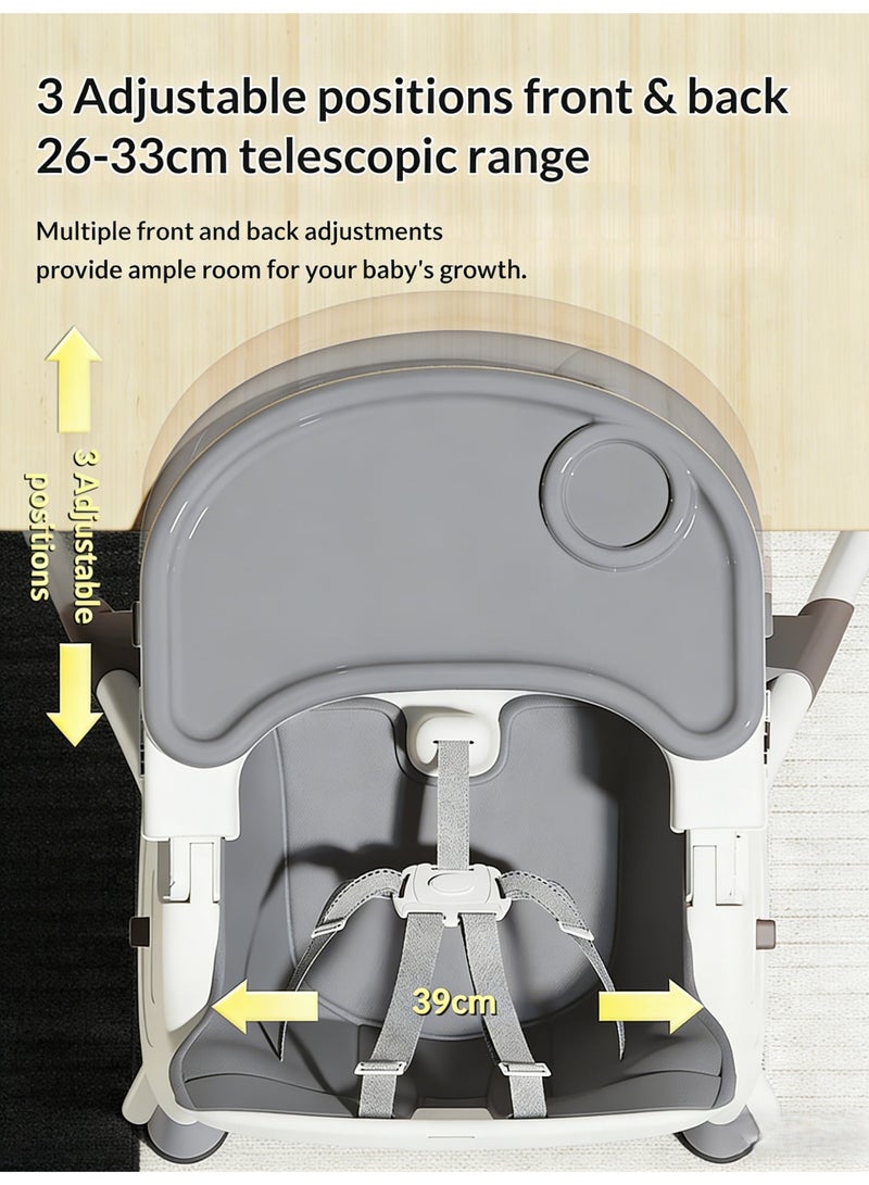 KOYIS 3-in-1 Convertible Kids High Chair – Adjustable Height & Footrest, Foldable Baby Toddler Feeding Booster Seat with Food Tray, Safety Belt, Cushion, Wheels & Storage Tray, From 6 months to 6 years old - Grey - Image 4