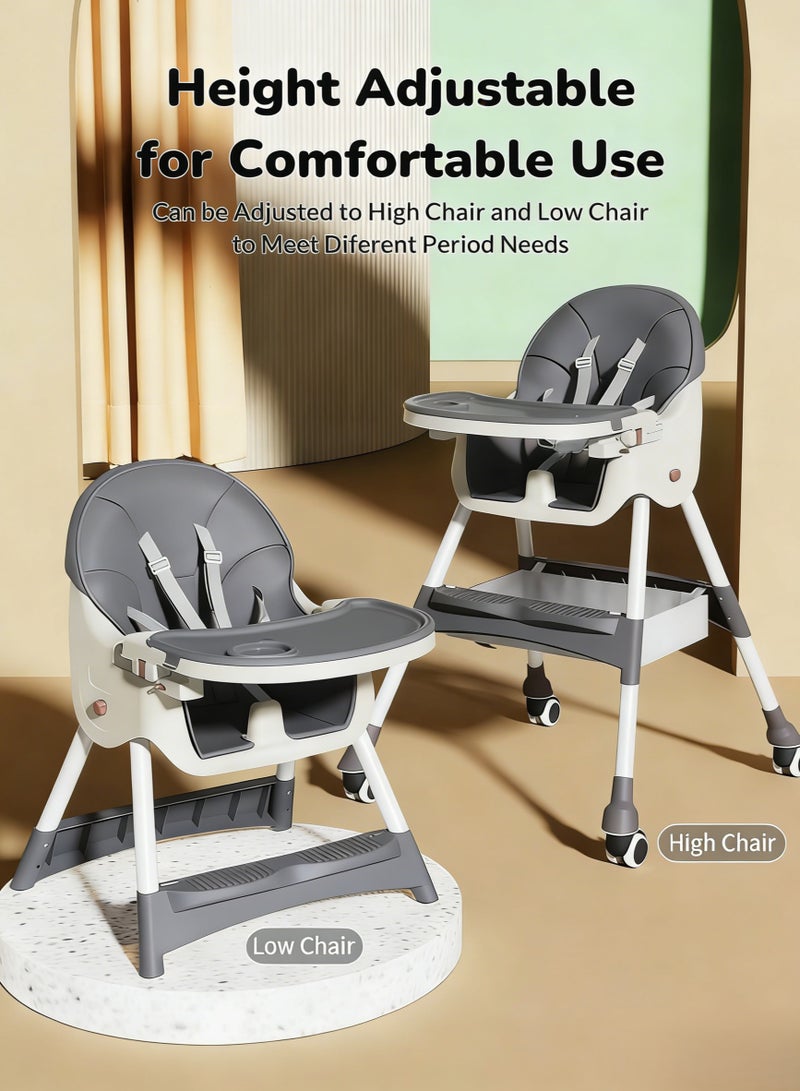 KOYIS 3-in-1 Convertible Kids High Chair – Adjustable Height & Footrest, Foldable Baby Toddler Feeding Booster Seat with Food Tray, Safety Belt, Cushion, Wheels & Storage Tray, From 6 months to 6 years old - Grey - Image 2