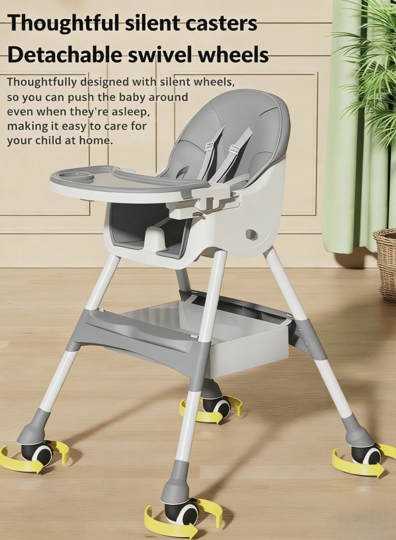KOYIS 3-in-1 Convertible Kids High Chair – Adjustable Height & Footrest, Foldable Baby Toddler Feeding Booster Seat with Food Tray, Safety Belt, Cushion, Wheels & Storage Tray, From 6 months to 6 years old - Grey - Image 5