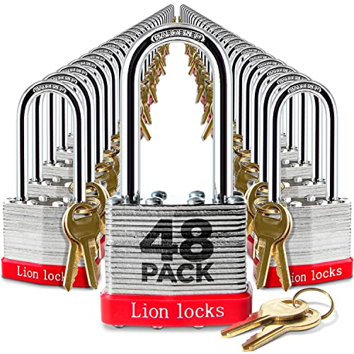 Lion Locks 48 Keyed Alike Padlocks with 2 Long Shackle 96 Keys Padlocks for Outdoor Use Locks with Keys Hardened Steel Case Pick Resistant Brass Pin Cylinder for Hasp Latch Locker Gate