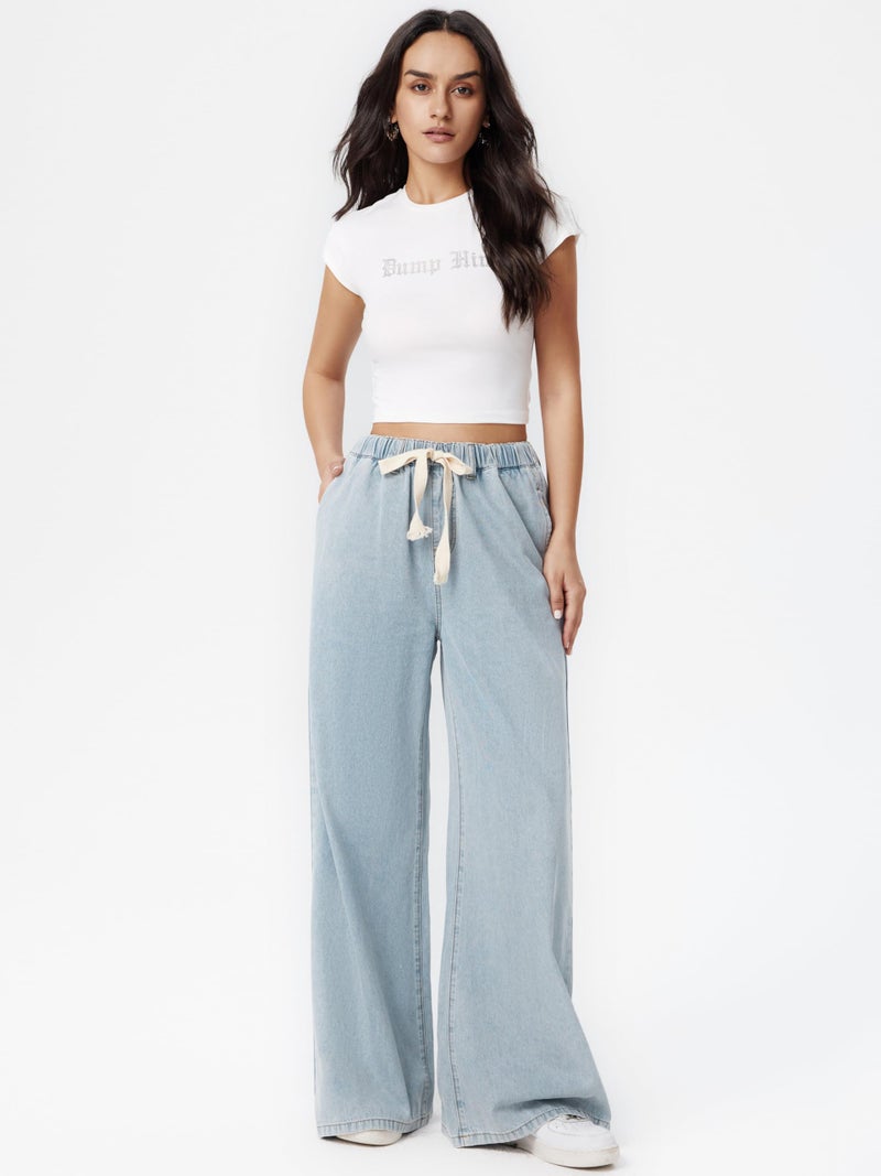 CIDER Drawstring Wide Leg Jeans for Women High Waisted Baggy Jeans Denim Pants with Pockets: Denim, M - Image 5