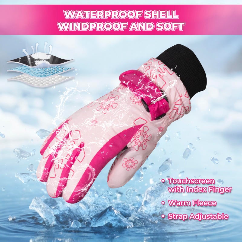 Nattork Winter Breathable Gloves for Kids Youth Warm Lining Boys Girls Cute Snow Ski Snowboarding Ice Skating Windproof Gloves Pink - Image 2