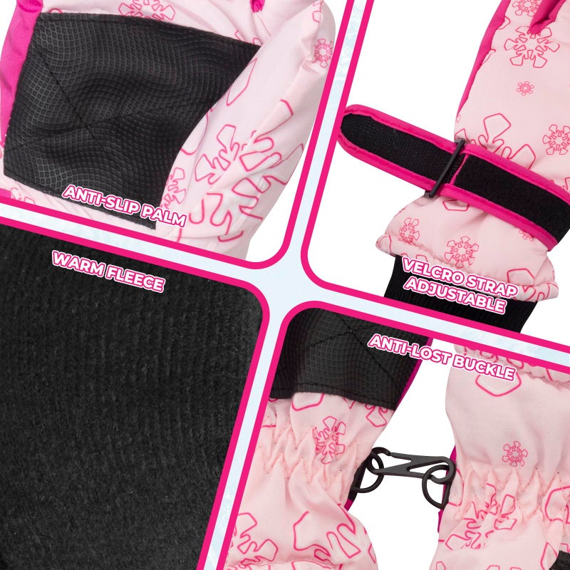 Nattork Winter Breathable Gloves for Kids Youth Warm Lining Boys Girls Cute Snow Ski Snowboarding Ice Skating Windproof Gloves Pink - Image 3