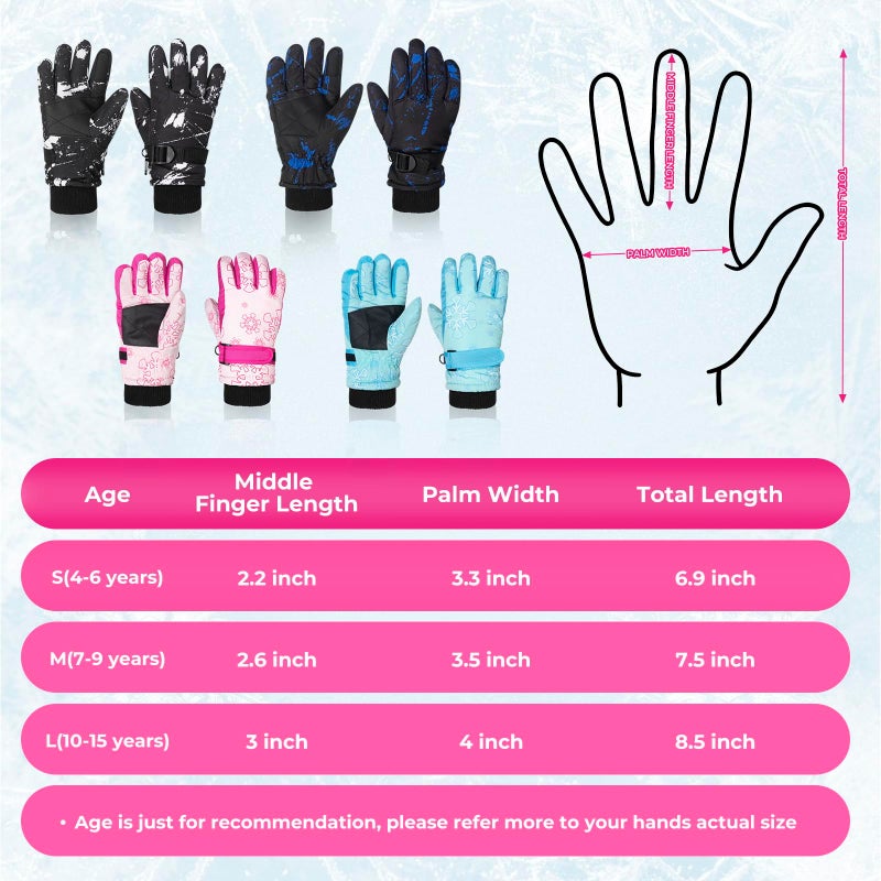 Nattork Winter Breathable Gloves for Kids Youth Warm Lining Boys Girls Cute Snow Ski Snowboarding Ice Skating Windproof Gloves Pink - Image 4