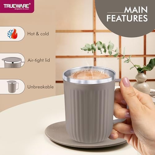 Trueware Frost Unbreakable Mugs 400 ml with Cap Stainless Steel Plastic Covered Travel Mug with lid for Tea, Coffee, Milk (Peach) - Image 4