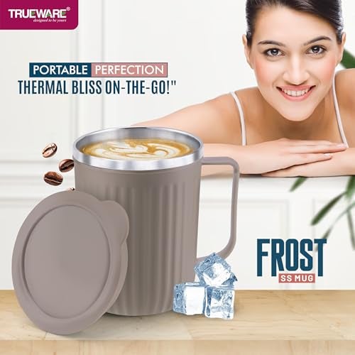 Trueware Frost Unbreakable Mugs 400 ml with Cap Stainless Steel Plastic Covered Travel Mug with lid for Tea, Coffee, Milk (Peach) - Image 3