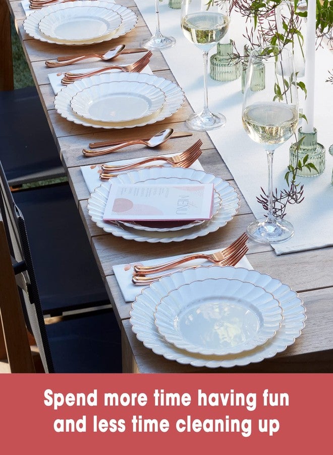 By Madee HIGH END 175 Pc Ivory Scalloped Plastic Plates Rose Gold Trim - Elegant Disposable Dinnerware Set | Rose Gold Party Plates and Utensils Set with Napkins for Wedding, Showers (25 Guests) - Image 4
