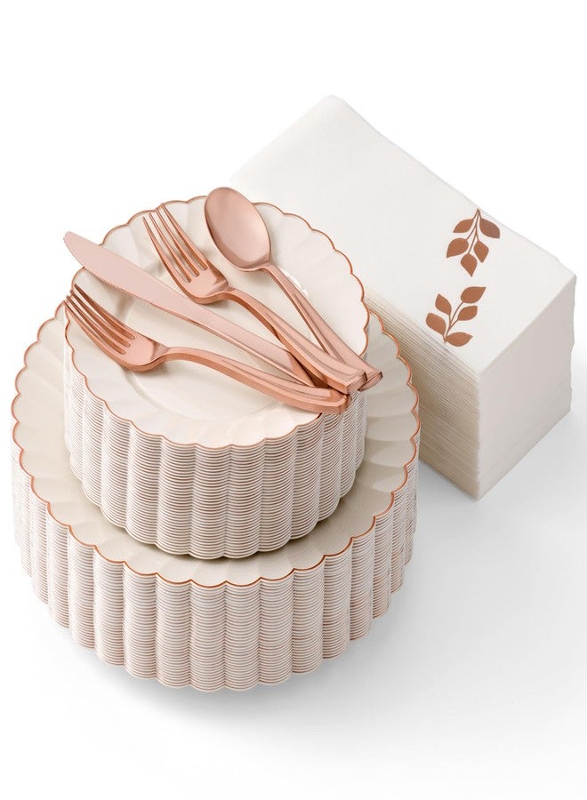 By Madee HIGH END 175 Pc Ivory Scalloped Plastic Plates Rose Gold Trim - Elegant Disposable Dinnerware Set | Rose Gold Party Plates and Utensils Set with Napkins for Wedding, Showers (25 Guests) - Image 1