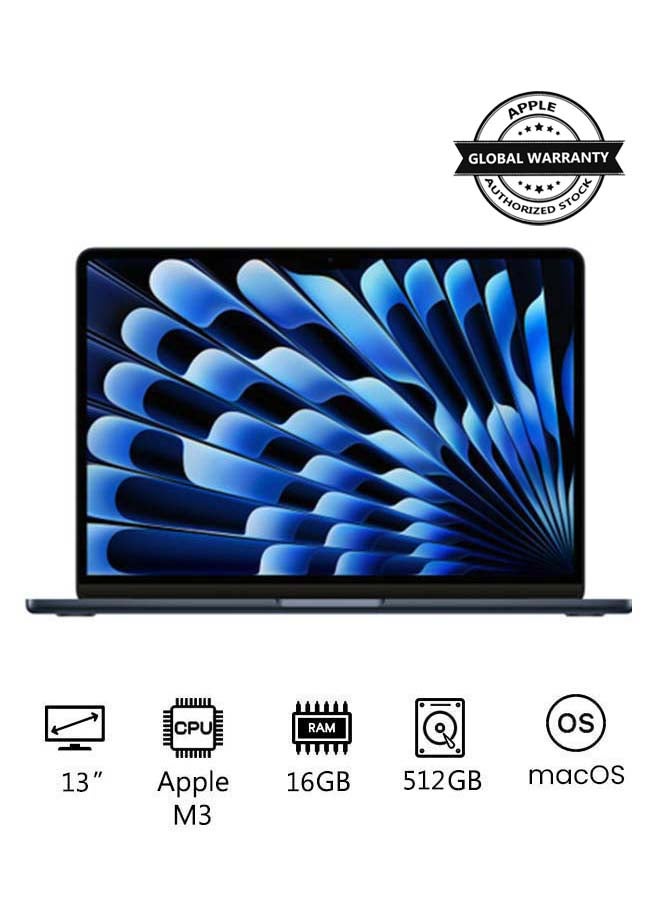 MacBook Air MXCV3 | 13 Inch Display | Apple M3 Chip | 8-Core CPU and 10-Core GPU | 16GB RAM | 512GB SSD | macOS | English Keyboard | International Version | Midnight
