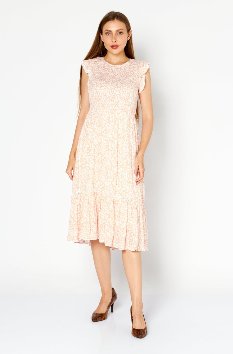 Lost + Wander Women Round Neck Cap  Sleeve Allover Printed Midi  Dress, Peach - Image 1