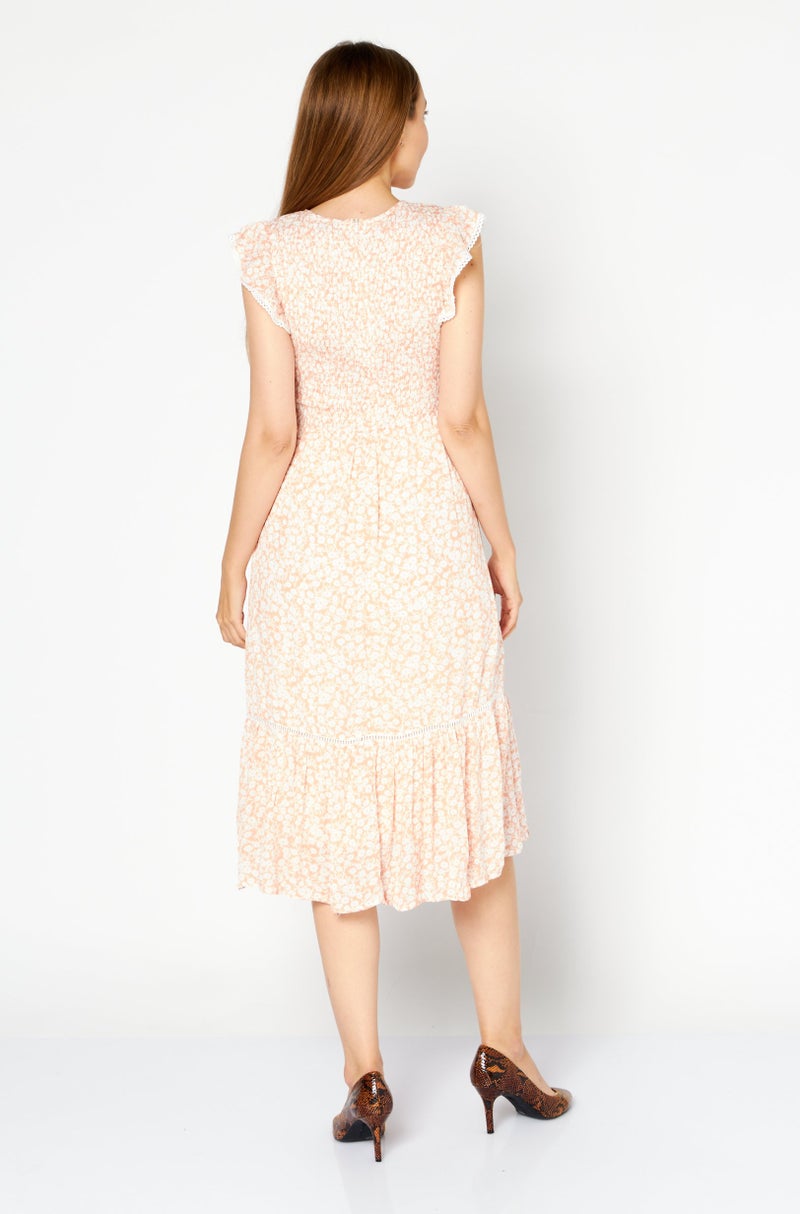 Lost + Wander Women Round Neck Cap  Sleeve Allover Printed Midi  Dress, Peach - Image 2