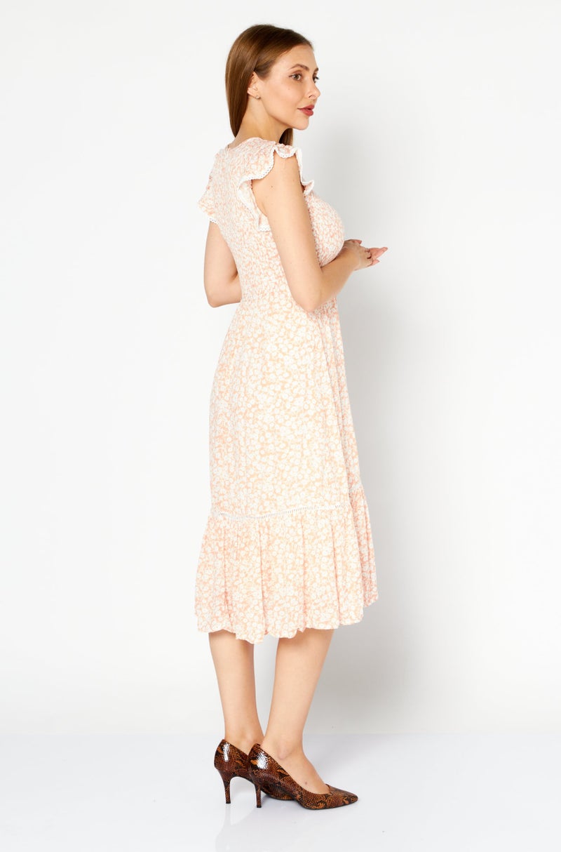 Lost + Wander Women Round Neck Cap  Sleeve Allover Printed Midi  Dress, Peach - Image 3