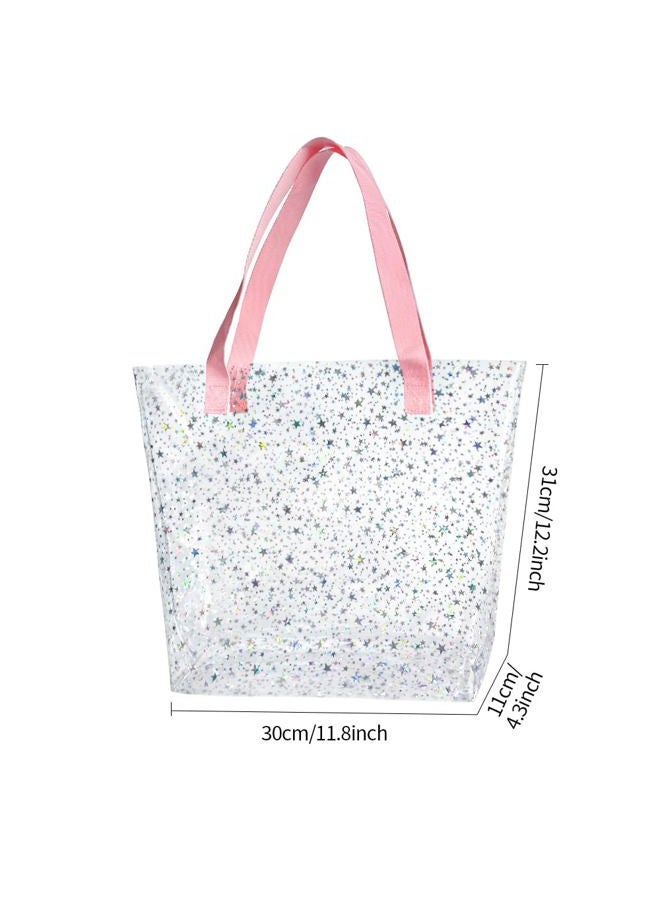 TotePrint Holographic Heart Clear Tote Bag, Waterproof Beach Bag with Pink Handles, Large 11.8"x12.2"x4.3", TSA Compliant, Holographic Star Pattern, Large - Image 4