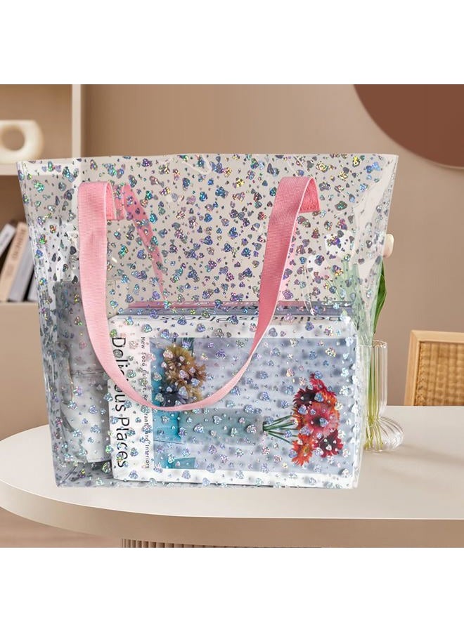 TotePrint Holographic Heart Clear Tote Bag, Waterproof Beach Bag with Pink Handles, Large 11.8"x12.2"x4.3", TSA Compliant, Holographic Star Pattern, Large - Image 2