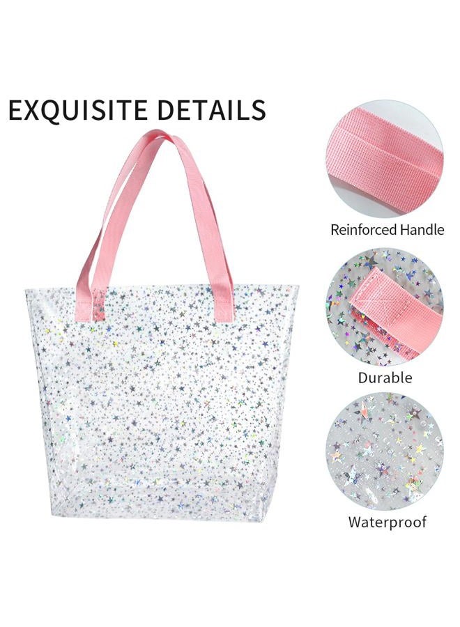 TotePrint Holographic Heart Clear Tote Bag, Waterproof Beach Bag with Pink Handles, Large 11.8"x12.2"x4.3", TSA Compliant, Holographic Star Pattern, Large - Image 5