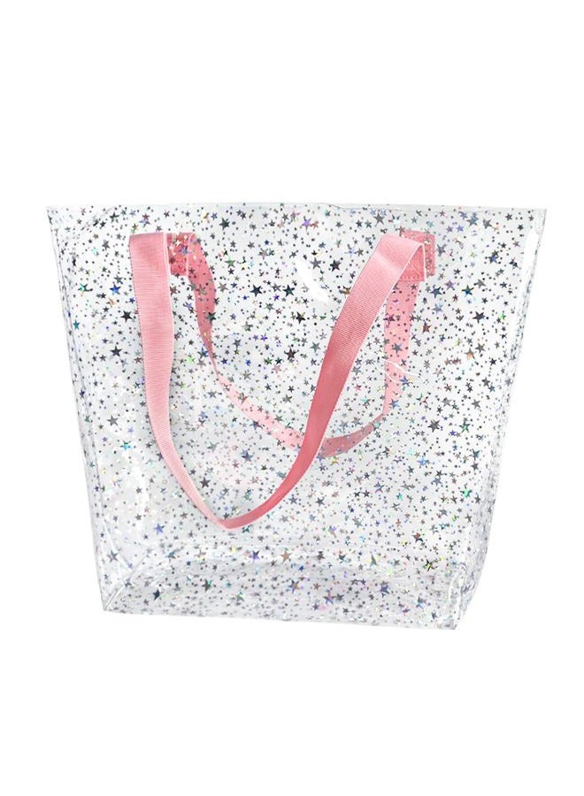 TotePrint Holographic Heart Clear Tote Bag, Waterproof Beach Bag with Pink Handles, Large 11.8"x12.2"x4.3", TSA Compliant, Holographic Star Pattern, Large - Image 1