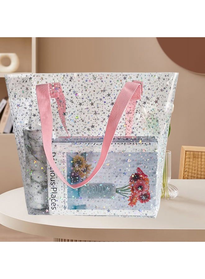 TotePrint Holographic Heart Clear Tote Bag, Waterproof Beach Bag with Pink Handles, Large 11.8"x12.2"x4.3", TSA Compliant, Holographic Star Pattern, Large - Image 3