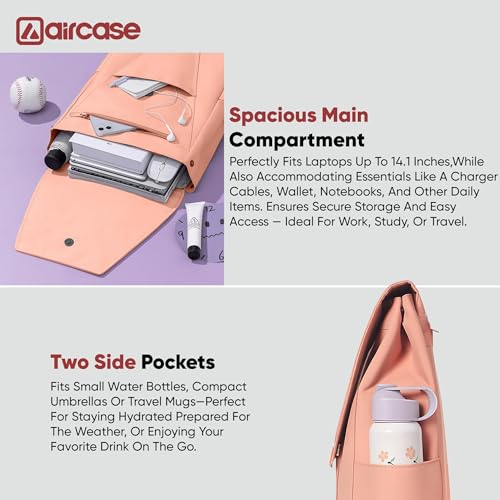 AirCase Canvas Laptop Backpack for Women with Multiple Pockets, Padded Straps, 13L Capacity, Lightweight, Water-Resistant Bag for Travel, College, Office Use, Supports Laptops Up to 14.1 Inch (Pink) - Image 4