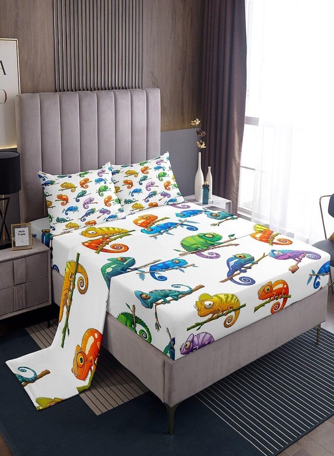 Castle Fairy Cute Chameleon Bed Sheet Set for Kids,Watercolor Rainforest Animal Sheets Set,Reptile Pet Wildlife Lover Home Decor Sheet Sets with Deep Pocket,Top Flat Sheet,1 Pillowcase,Twin Size - Image 1