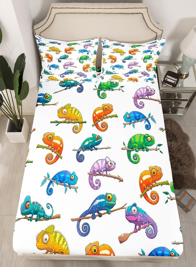 Castle Fairy Cute Chameleon Bed Sheet Set for Kids,Watercolor Rainforest Animal Sheets Set,Reptile Pet Wildlife Lover Home Decor Sheet Sets with Deep Pocket,Top Flat Sheet,1 Pillowcase,Twin Size - Image 2