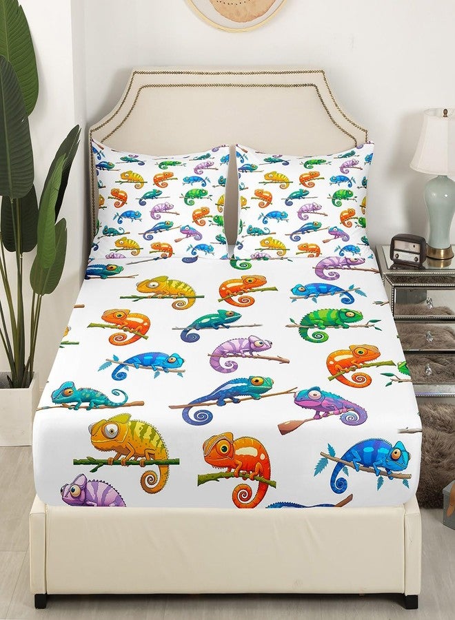 Castle Fairy Cute Chameleon Bed Sheet Set for Kids,Watercolor Rainforest Animal Sheets Set,Reptile Pet Wildlife Lover Home Decor Sheet Sets with Deep Pocket,Top Flat Sheet,1 Pillowcase,Twin Size - Image 3