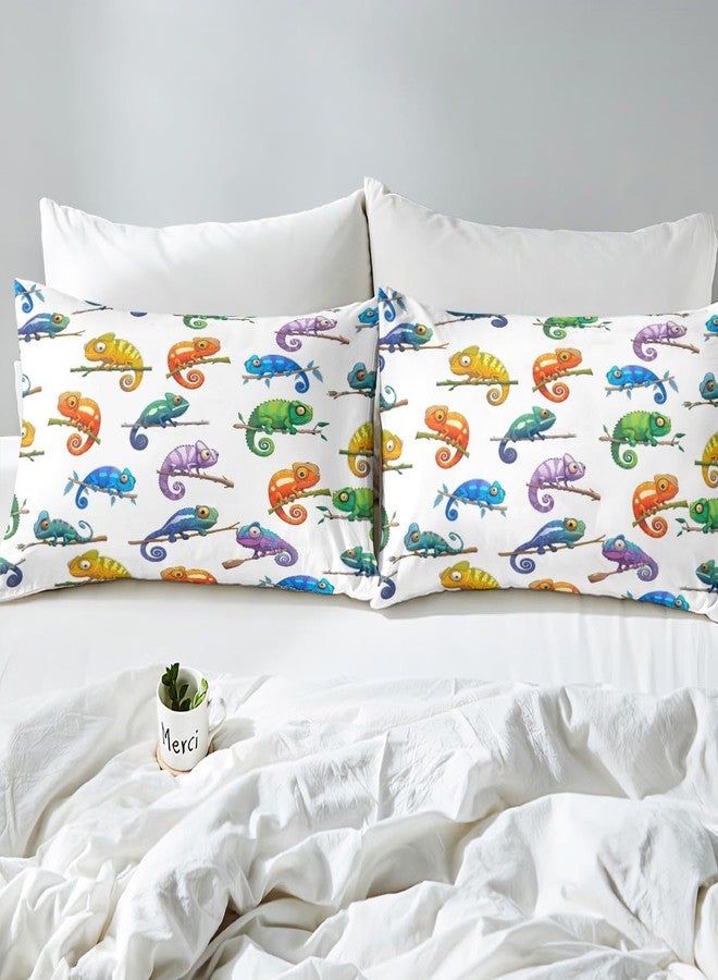 Castle Fairy Cute Chameleon Bed Sheet Set for Kids,Watercolor Rainforest Animal Sheets Set,Reptile Pet Wildlife Lover Home Decor Sheet Sets with Deep Pocket,Top Flat Sheet,1 Pillowcase,Twin Size - Image 5