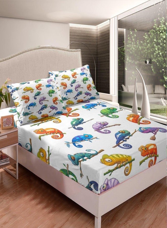 Castle Fairy Cute Chameleon Bed Sheet Set for Kids,Watercolor Rainforest Animal Sheets Set,Reptile Pet Wildlife Lover Home Decor Sheet Sets with Deep Pocket,Top Flat Sheet,1 Pillowcase,Twin Size - Image 4