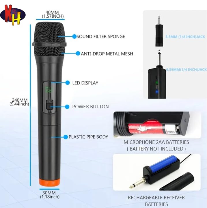 kh Dynamic Wireless Microphone, UHF Dynamic Mic with Portable Mini Receiver, Karaoke Handheld mic System 6.35mm Jack, 50-60 Feet Cordless Range for House Parties, Karaoke Singing - Image 4