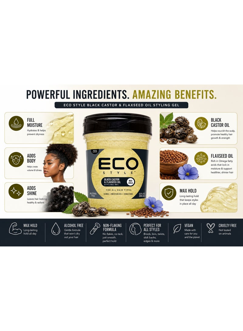 Eco Style Black Castor & Flaxseed Oil Styling Gel Max Hold 946ml | Alcohol-Free Hair Gel for Strong Hold, Shine & Smooth Styling | For All Hair Types - Image 4