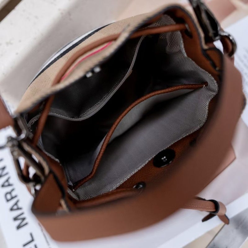 New Top-Layer Cowhide Plaid Canvas Bag Classic Bucket Portable Crossbody Bag Women'S Genuine Leather Bucket Bag - Image 5