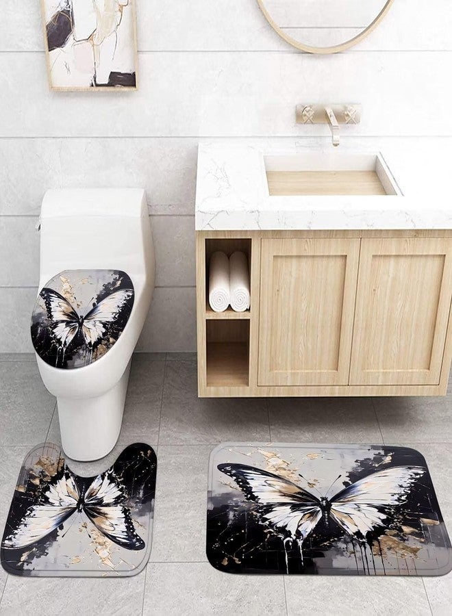 Pretyw 4 Pcs Black Butterfly Shower Curtain Set with Rugs Grey and Gold Bathroom Decorations Set Modern Bathroom Accessories Decor with Bath Mats - Image 2