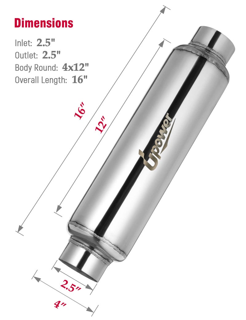 UPOWER 2.5" Inlet&Outlet Exhaust Resonator,16" Overall Length Center Straight Through Stainless Steel Muffler,Polished - Image 2