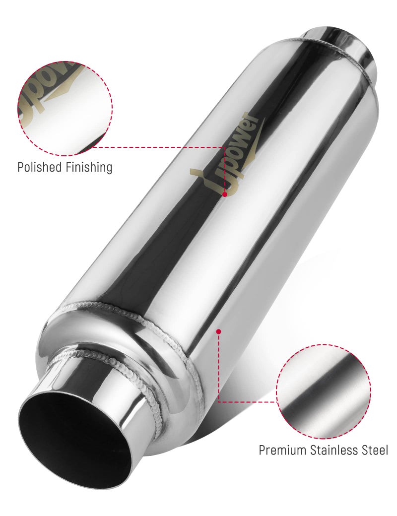 UPOWER 2.5" Inlet&Outlet Exhaust Resonator,16" Overall Length Center Straight Through Stainless Steel Muffler,Polished - Image 4