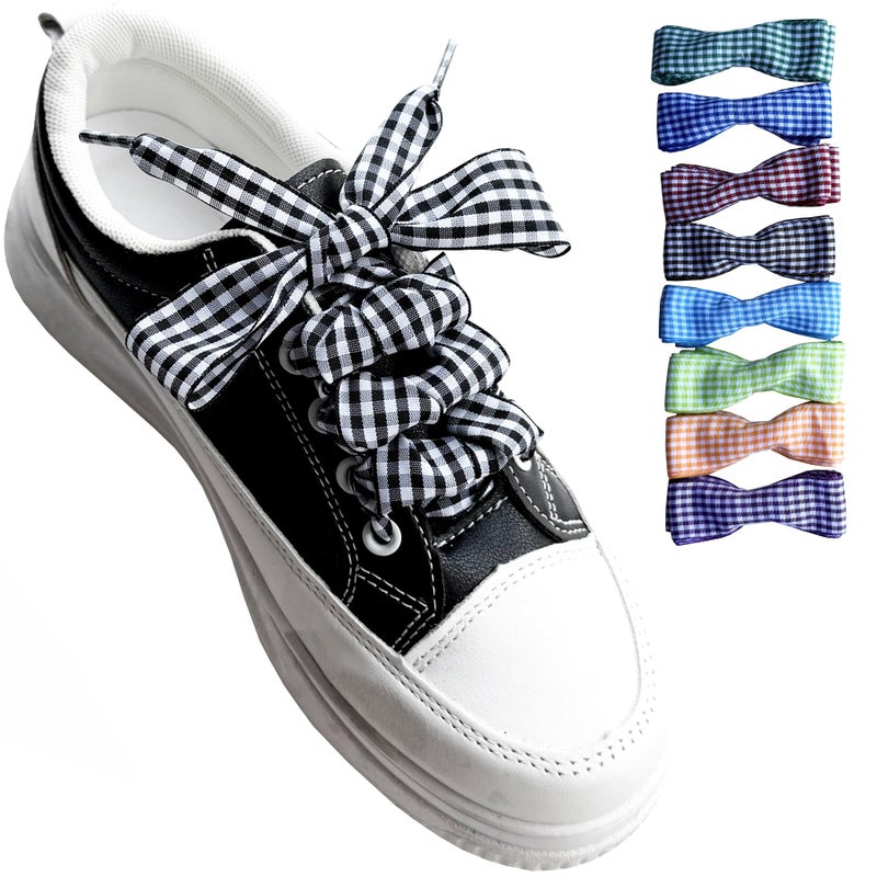 Goodlace 1 Inch Wide Fantastic Flat Checkered Shoelaces Fabric Ribbon Plaid Shoe Laces for Sneaker Sport Shoes 47/55 Inch (No.24 Black, 47In/120cm) - Image 1