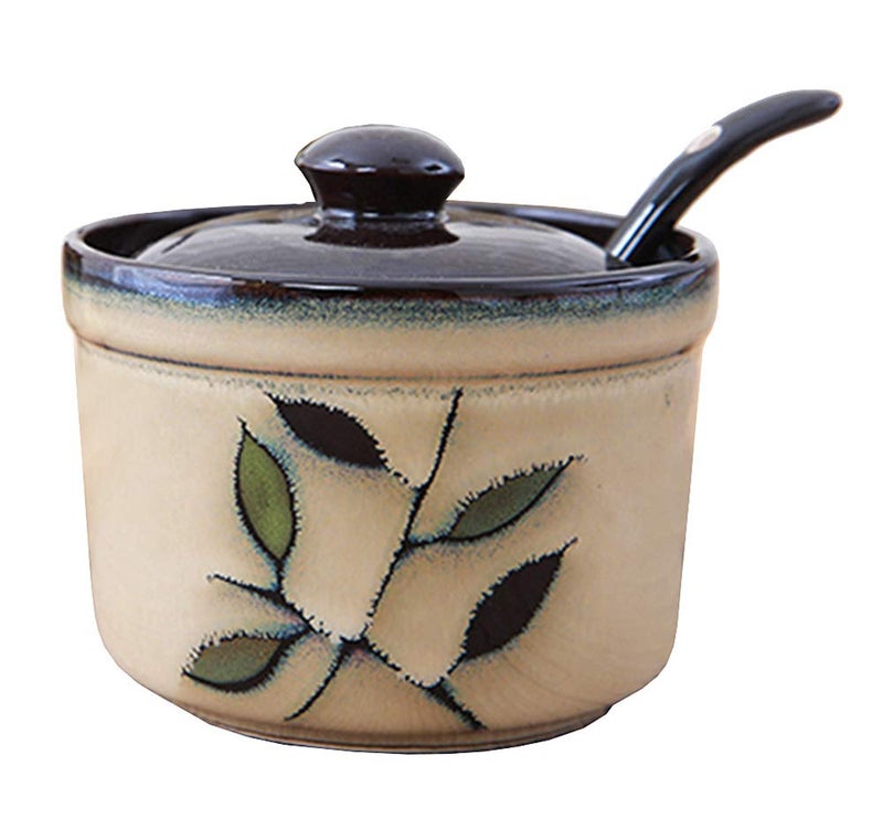 123Arts Ceramic Retro Flower Sugar Bowl Storage Jar Seasoning Pot with Lid And Spoon