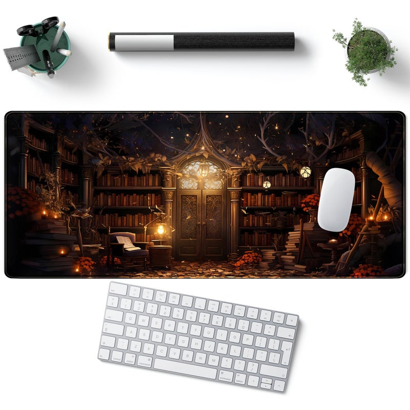 YKJWW Vintage Desk Pad Magical Bookshelf Desk Mat Extra Large Big Office Mouse Pad Gaming with Stitched Edges Large Mousepad Home Office Gaming Work Computers Laptop Desk Accessories 31.5x11.8in - Image 5