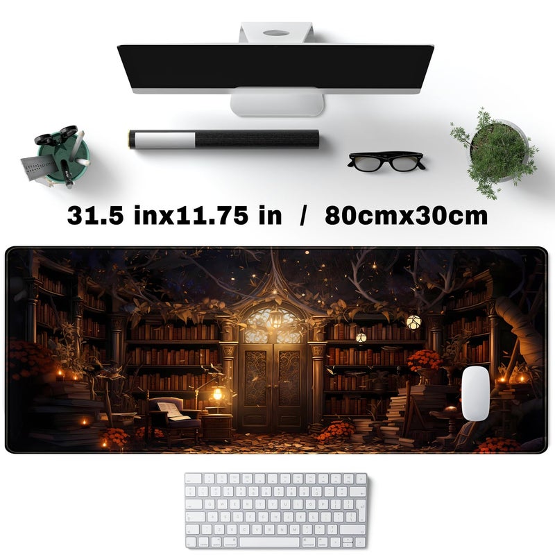 YKJWW Vintage Desk Pad Magical Bookshelf Desk Mat Extra Large Big Office Mouse Pad Gaming with Stitched Edges Large Mousepad Home Office Gaming Work Computers Laptop Desk Accessories 31.5x11.8in - Image 4