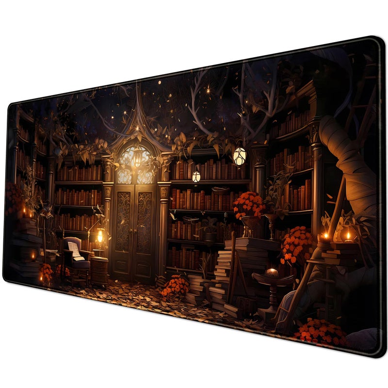 YKJWW Vintage Desk Pad Magical Bookshelf Desk Mat Extra Large Big Office Mouse Pad Gaming with Stitched Edges Large Mousepad Home Office Gaming Work Computers Laptop Desk Accessories 31.5x11.8in - Image 1