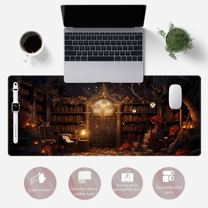 YKJWW Vintage Desk Pad Magical Bookshelf Desk Mat Extra Large Big Office Mouse Pad Gaming with Stitched Edges Large Mousepad Home Office Gaming Work Computers Laptop Desk Accessories 31.5x11.8in - Image 2
