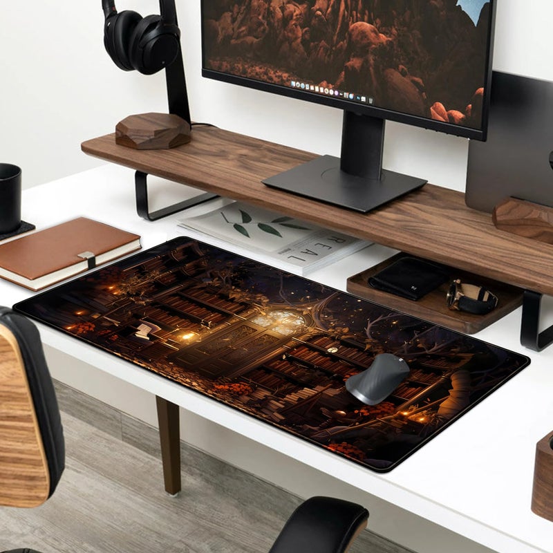 YKJWW Vintage Desk Pad Magical Bookshelf Desk Mat Extra Large Big Office Mouse Pad Gaming with Stitched Edges Large Mousepad Home Office Gaming Work Computers Laptop Desk Accessories 31.5x11.8in - Image 3