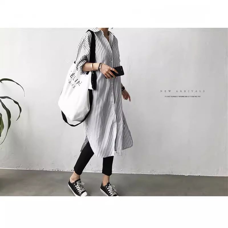 قميص نسائي متوسط الطول مخطط بأكمام طويلة، فضفاض - Image 2