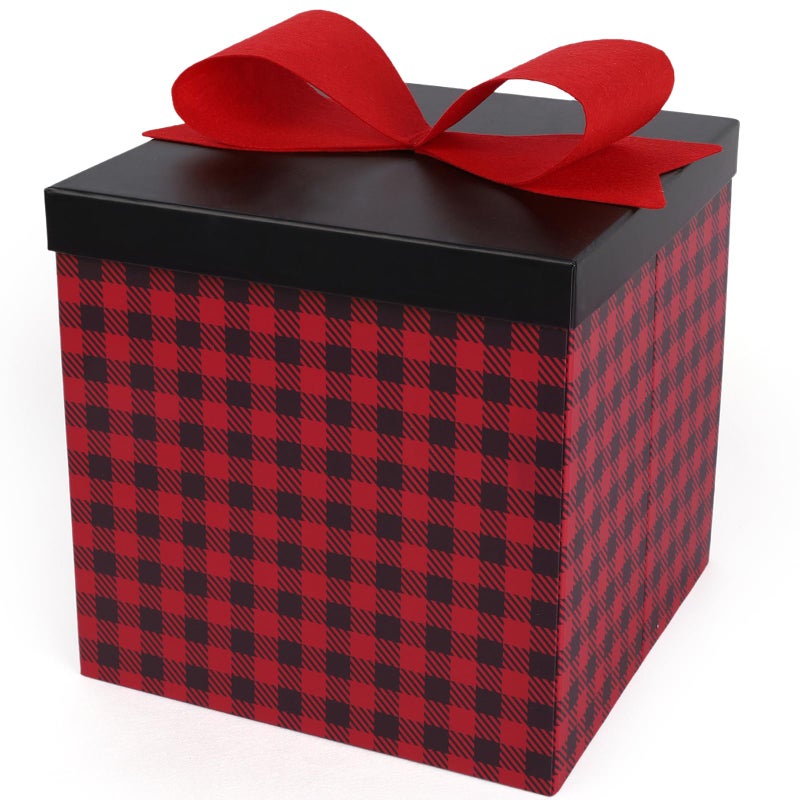 LaRibbons Large Christmas Gift Boxes with Lids10x10x10 Inches Buffalo Plaid Design Folding Square Gift Boxes for Christmas DecorativeXmasPresentStorageRed and Black - Image 2