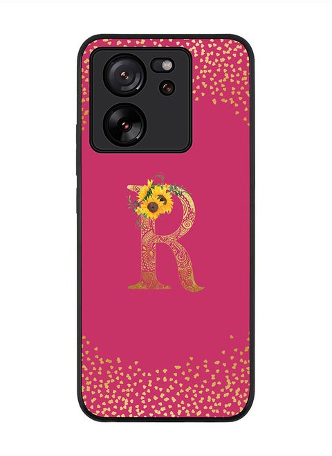 Rugged Black Edge case for Xiaomi 13T / Xiaomi 13T Pro, Slim fit Soft Case Custom Monogram Initial Letter Mandala Floral Pattern Alphabet-R (Dark Pink Rose)