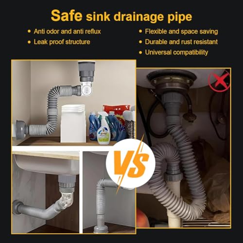 ZEBROC Adjustable Anti-Odor Sink Drainage Pipe Kit – Flexible Universal Waste Pipe with 304 Stainless Steel Strainer Plug, Rubber Sealing Gasket & Connector Nut – Fits Bathroom & Kitchen (2) - Image 5
