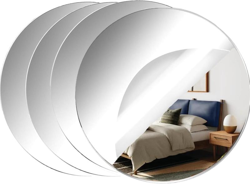 Round Acrylic Mirror Tiles: 12 Pack Silver Self Adhesive Frameless Circular Mirrors - Peel And Stick Wall Mirror Stickers For Home Bedroom Living Room Decor Diy Craft Accents - Image 1