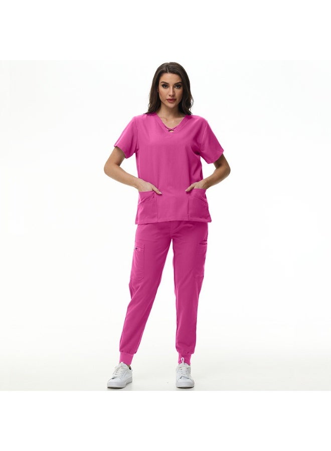 NIBEMINENT Scrubs Jogger Set Women Pet Hospital Doctor Uniform Solid Color Surgical Suits Multiple Pockets V-neck Dentist Clothes - Image 1