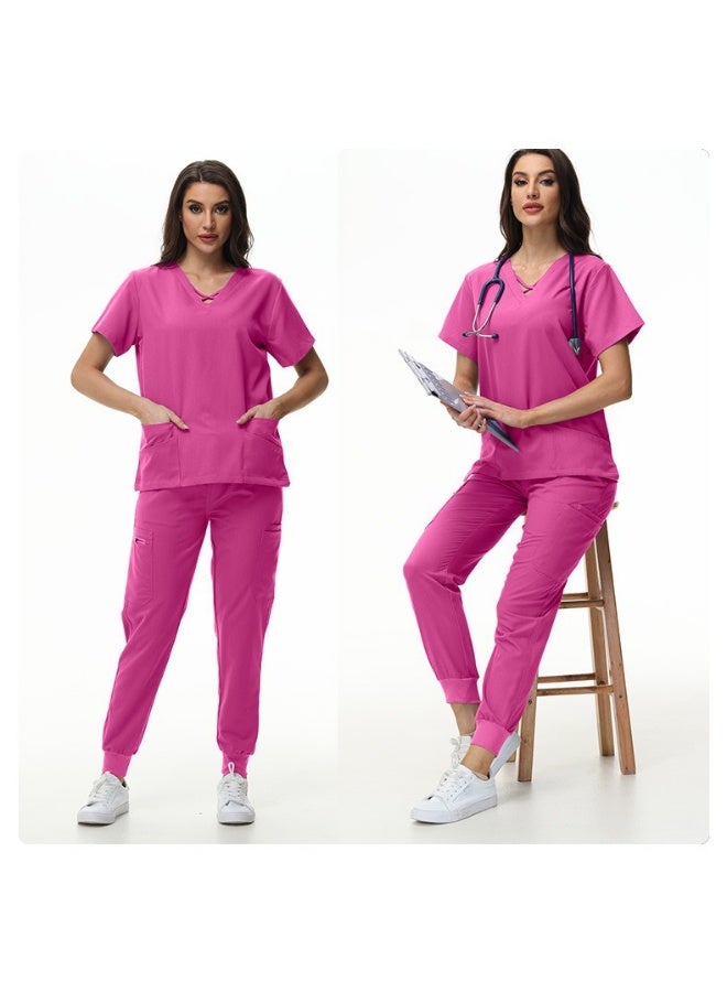 NIBEMINENT Scrubs Jogger Set Women Pet Hospital Doctor Uniform Solid Color Surgical Suits Multiple Pockets V-neck Dentist Clothes - Image 2