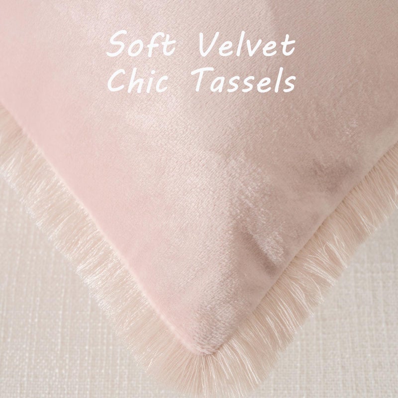 Futei Pink Boho أغطية وسادة مع شرابات 20 × 20 بوصة مجموعة من 2 ناعم مخملي تزيين وسادة ديكور المنزل لأريكة غرفة المعيشة - Image 2